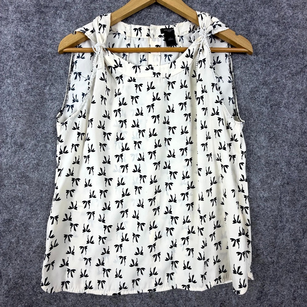 Ann Taylor Blouse Top Womens 4 Ivory Bow Print Feminine Pearl Ties Back Button